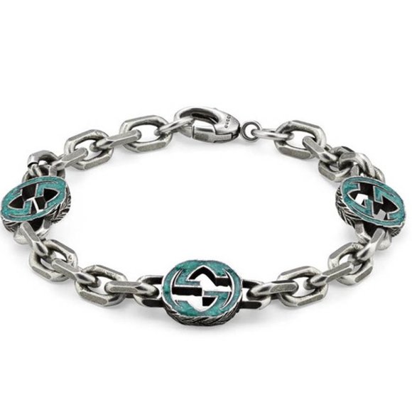 Gucci Sterling Silver Bracelet with Turquoise Enameled Double G
